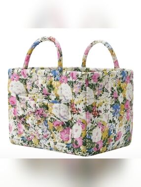 Quilted Floral Storage Tote - Pink Multi, 13 In. Wide 11 In. D